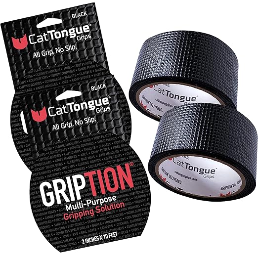CATTONGUE GRIPS Non-Abrasive Grip Tape Wrap - 2” Thick Heavy-Duty, Waterproof Anti-Slip Tape for Wrapping Tools, Bats, Gym Equipment - Indoor & Outdoor Anti-Slip Solution (Black, 2-Pack)