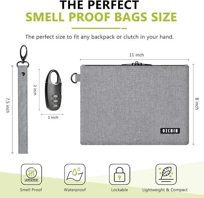 OZCHIN Smell Proof Bag Travel Storage Case Activated Charcoal Pouches Durable Odorless Medicine Organizer (Grey, 11 x 8 inches)