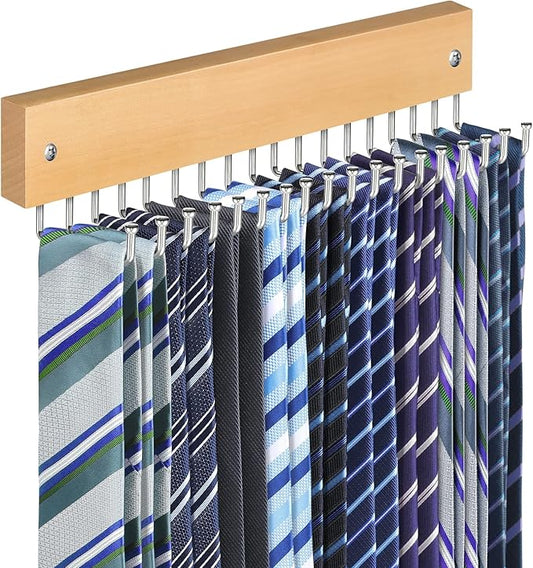 Tie Rack Belt Hanger Wall Mounted, Lomrsiul Non Slip 180 Degree Rotating Tie Organizer for Men Closet with 18 Hooks Closet Organizers and Storage for Tie Belt Necklace Purse Scarf Bag Natural 1 Pack