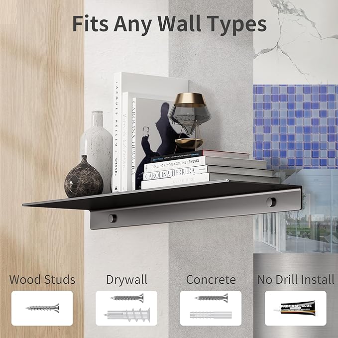 Danpoo Black Floating Shelves for Wall Storage, Metal Wall Shelves for Living Room, Bathroom, Kitchen, 20" Long Display Shelves for Collectibles(2 PCS)