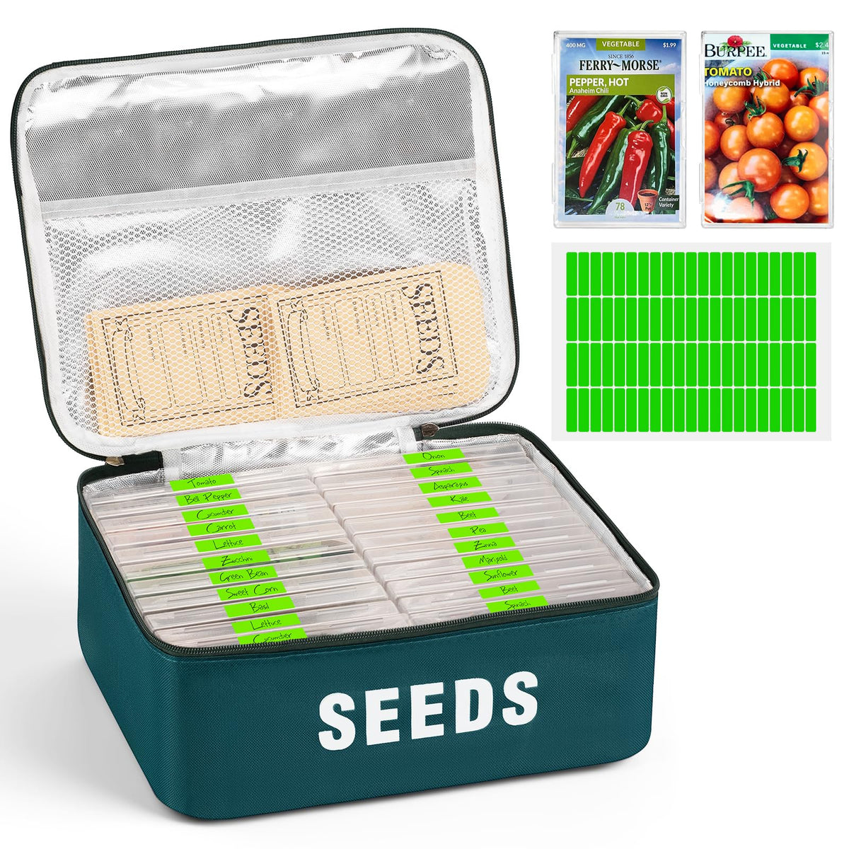 22 Slots Seed Storage Organizer Box, Green - Image 1