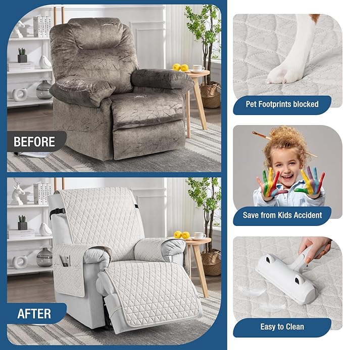 TAOCOCO 100% Waterproof Recliner Cover - Recliner Cover with Non-Slip Granule, Recliner Chair Covers with Elastic Band, Recliner Chair Covers for Reclining Chair(White,Oversized-30'')