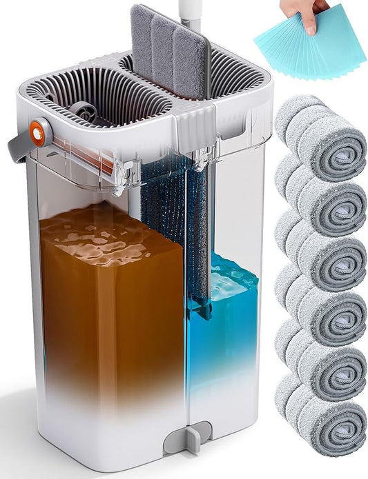 CTIME Large Mop and Bucket Set, Flat Mop and Bucket System, Wall Mop with Adjustable Handle (Max 70.87 Inches), Mops for Floor Cleaning, 6 Washable 15.74'' Microfiber Mop Pads