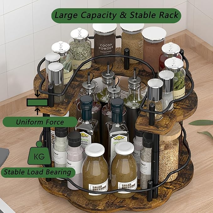 NCONCO 2 Tier Lazy Susan, Lazy Susan Turntable Cabinet with 3 Adjustable Heights Guard Rails Spice Rack for Countertop Kitchen Cabinet Pantry (Walnut)