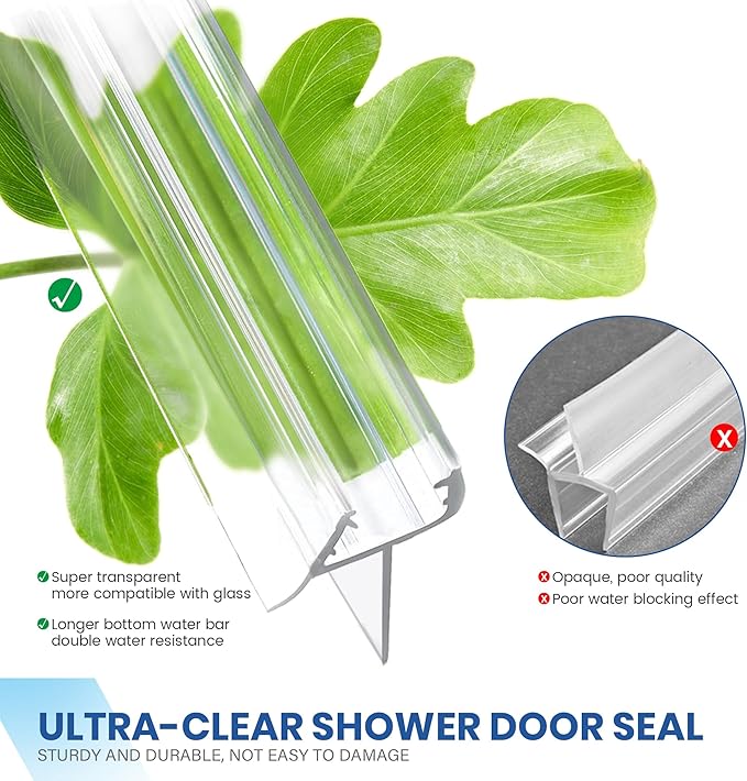 2 Pack Frameless Shower Door Bottom Seal with Long Sweep, Ultra Clear Glass Door Silicone Seal Strip (1/4'' X 36'') Suitable for 6mm Glass -Stop Shower Leaks Frameless Shower Door Seal Strip