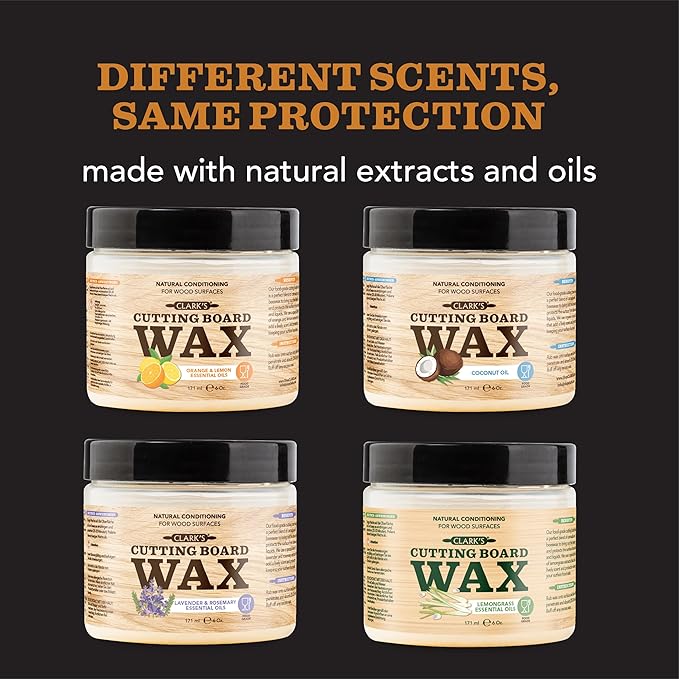 CLARK'S Cutting Board Wax - 2-in-1 Wood Butter & Food Grade Mineral Oil with Beeswax – Butcher Block Conditioner for Cutting Boards – Orange & Lemon Essential Oil Scent – Made in USA, 6oz