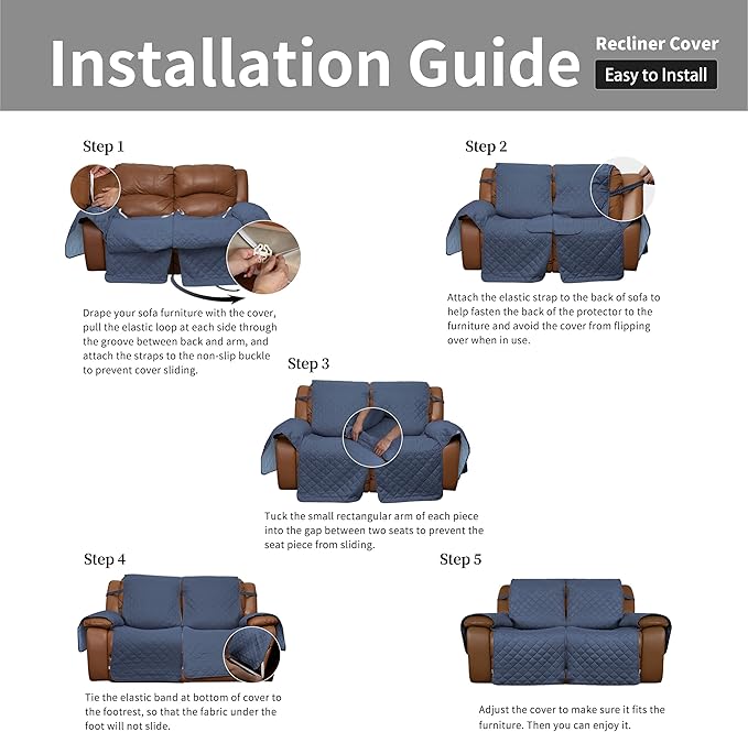 Easy-Going Oversized Loveseat Recliner Cover, Reversible Couch Cover for Double Recliner, Split Sofa Cover for Each Seat with Elastic Straps for Kids, Dogs(Oversized 2 Seater, Dark Blue/Light Blue)