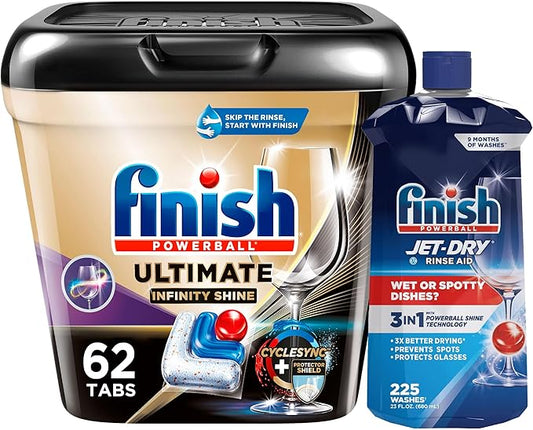 Bundle of Finish Ultimate Plus Infinity Shine - 62 Count - Detergent + Finish Jet-Dry Rinse Aid 23 fl oz