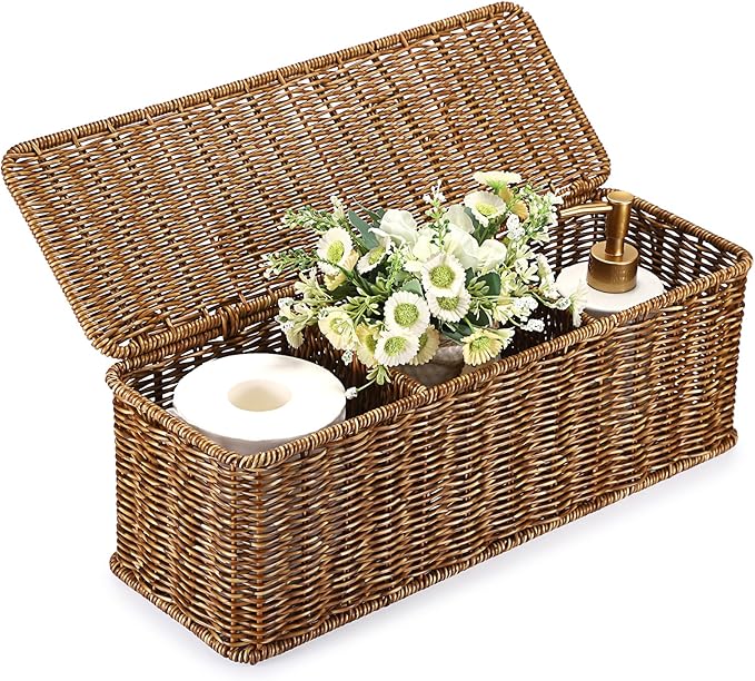 Sumnacon Wicker Storage Basket with Lid, Rectangular Narrow Baskets for Bathroom, Farmhouse Imitation Rattan Bin with Dividers, Decorative Handwoven Tray Organizer for Countertop Shelves Toilet Tank