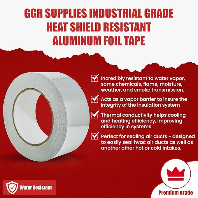 GGR Supplies AF-20R Professional/Industrial Grade High Temperature Heat Shield Resistant Aluminum Foil Tape Ideal for HVAC, Air Ducts Repair (3.6Mil): 6 in. Wide x 50 yds.