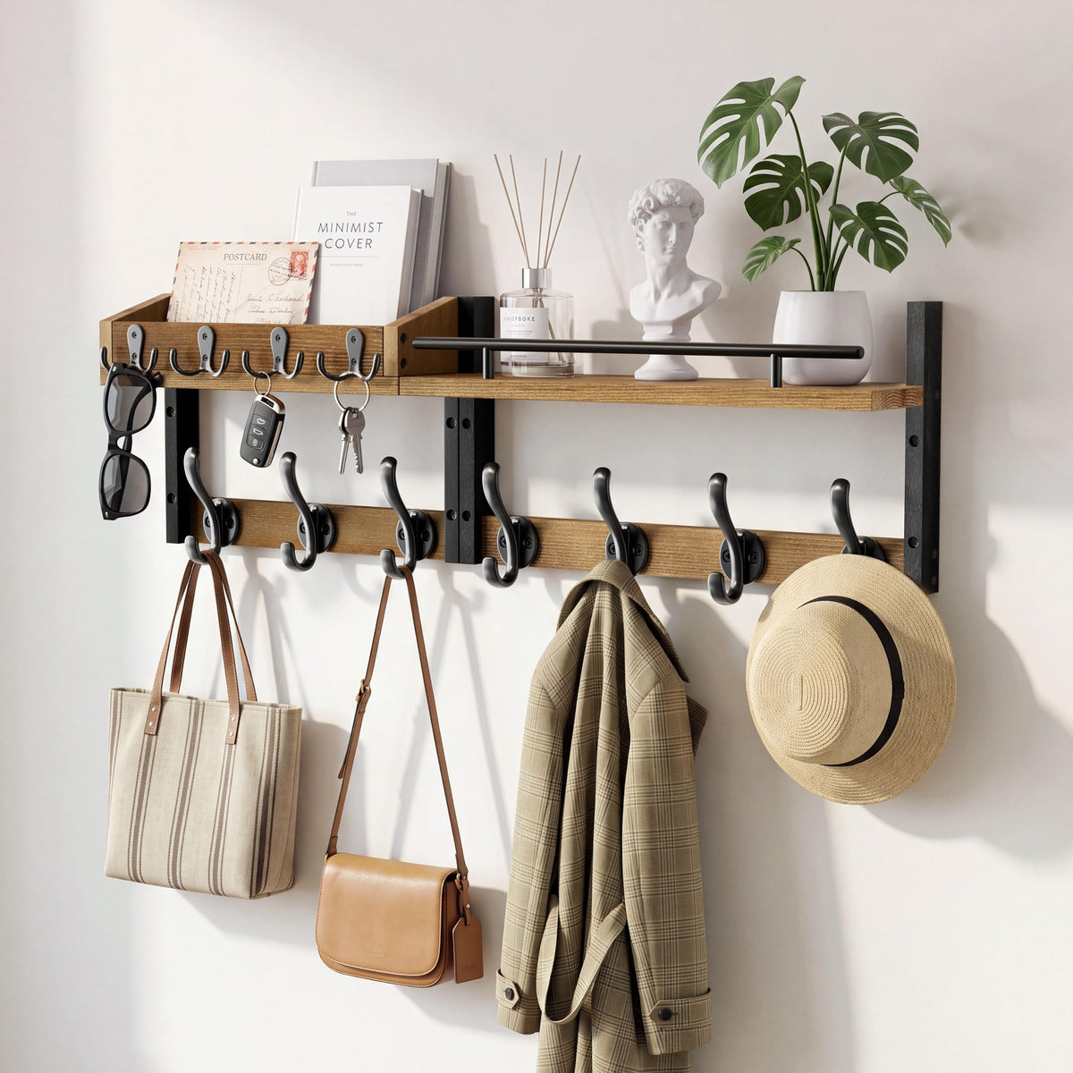 29” Coat Rack Wall Mount with Shelf, Coat and Key Hanger - Image 1