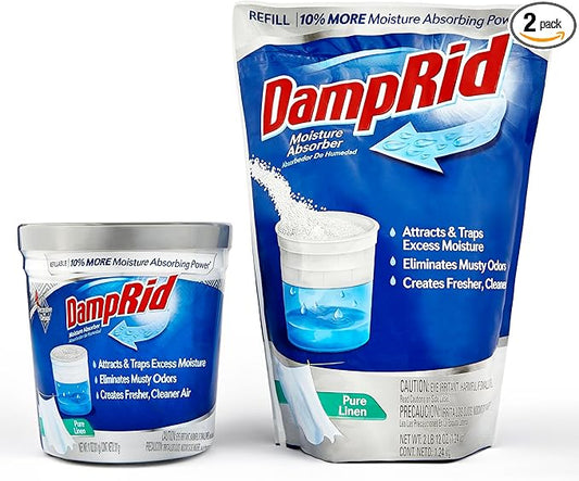 DampRid Refillable Moisture Absorber, Includes Single Damp Rid Pure Linen 11oz. Cup & 44oz. Refill Bag - Moisture Absorbers for Closet, 10% More Absorbing Power*, Cleaner Air - ILIOS Packaging.