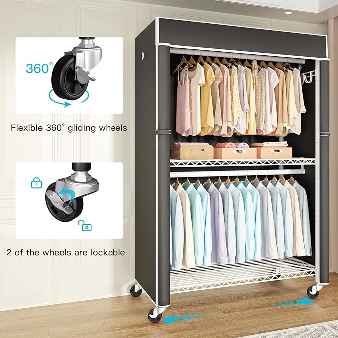 FUTASSI White Clothing Rack with Black Cover, P1C Plus Rolling Closets with Wheels, Metal Garment Rack for Hanging Clothes, Clothing Storage Wardrobe, 46" W x 18.5" D x 80.7" H, Load 524 Pounds