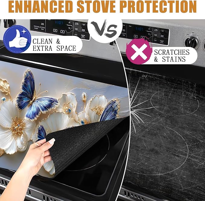 Stove Top Covers for Electric Stove, Grease-Resistant Stove Cover, Dust-Blocking Surface Shield, Reusable Countertop Mat, 28.3 x 20.5 Inches, Blue Butterfly Floral Decor(Butterfly)