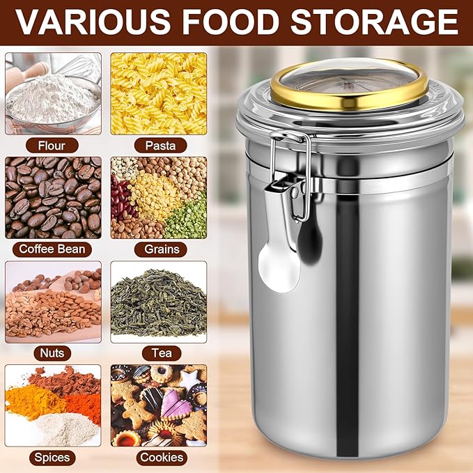3 Pcs 34 oz Stainless Steel Container with Hygrometer & Humidifier Kitchen Food Storage Jar with Sealed Lid Airtight Coffee Canister for Coffee Bean, Tea, Candy, Snacks, Cereal Storage