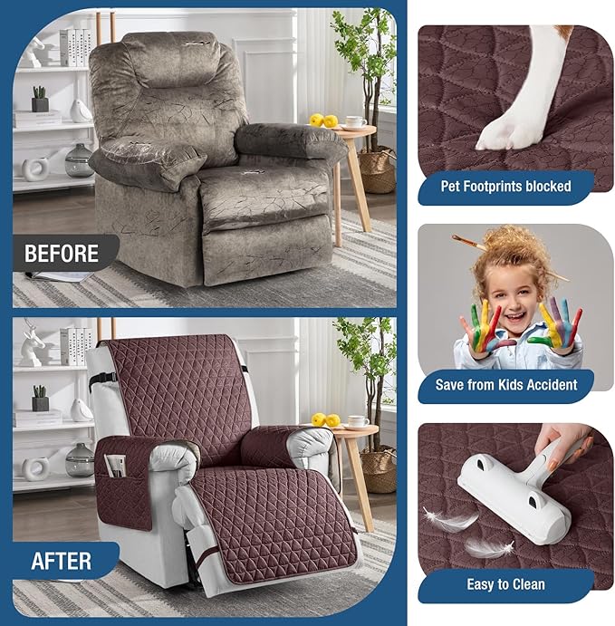 TAOCOCO 100% Waterproof Recliner Cover - Recliner Cover with Non-Slip Granule, Recliner Chair Covers with Elastic Band, Recliner Chair Covers for Reclining Chair(Coffee, Medium-25'')