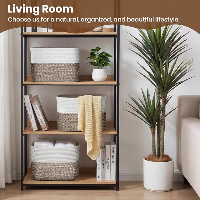 Storage Baskets for Organizing, 14 x 10 x 9” Closet Shelf Woven Baskets, Square Bins with Handles, Cotton Rope Basket for Toys, Clothes, Office, Room, White+Dark brown 3 Pack