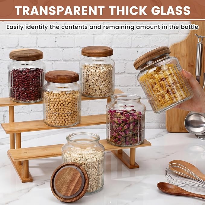6 Pack Vintage Glass Jars with Wooden Lids 33.8 oz Airtight Glass Canisters Storage Containers Large Food Canisters for Pantry Coffee Spice Grains Tea Sugar Flour Kitchen(Stylish Ribbed)