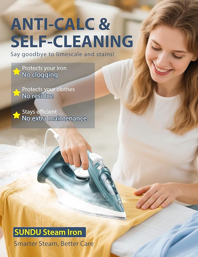 Sundu Burst steam Iron for Clothes - 1500W Iron with Ceramic Coated Soleplate, Rapid Heating, Self-Cleaning, Auto-Off, 11.84oz Water Tank, Precise Thermostat, Home Use Green