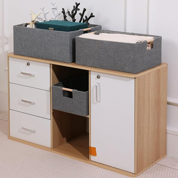 ANMINY 2PCS Storage Baskets for Organizing Collapsible Fabric Storage Bins Boxes with Wood Handles Closet Shelves Cube Organizer Bins Clothes Laundry Storage Container - Large, Gray