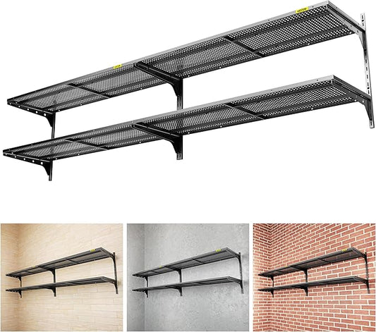 2-Pack 2 Tier 1.3x4ft Garage Shelving Wall Mounted, 520lbs Load Capacity，15.6x48inch per Shelf Height Cassette Adjustable Floating Shelves, Black