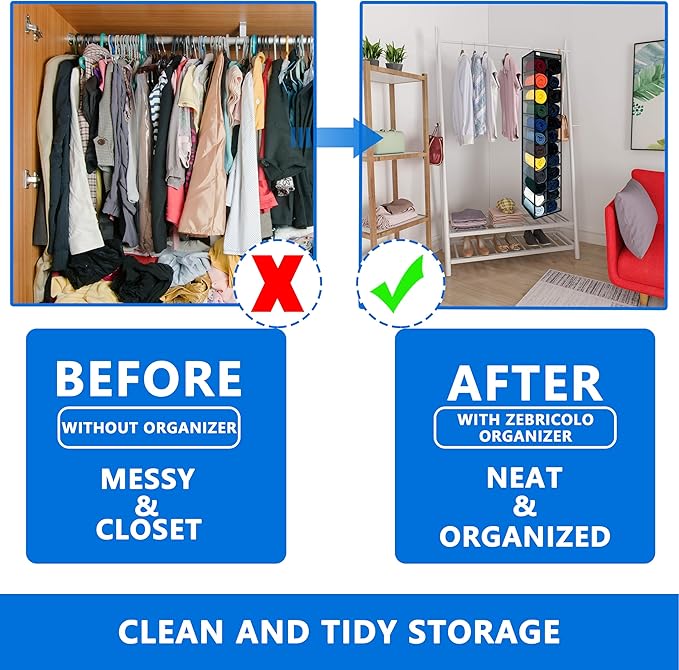 Closet Organization,24 Section, Hanging Closet Organizer, Space Saving, College Dorm Essentials for Girls, Heavy dutys Hooks Up to 45 Pounds, Clothes Storage,Closet Organizer,Grey/Black