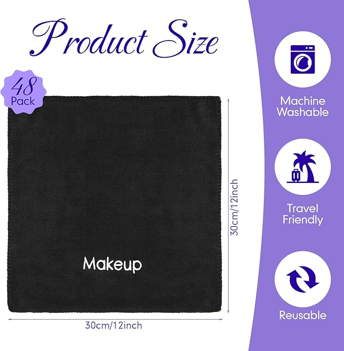 Macarrie 48 Pcs Makeup Towels Gifts Bulk for Women Easter Mother's Day Teacher Employee 12 x 12 Inch Make up Cloth Microfiber Wash Reusable Remover Face Skin Cleaning Soft Absorbent Spa Facial(Black)