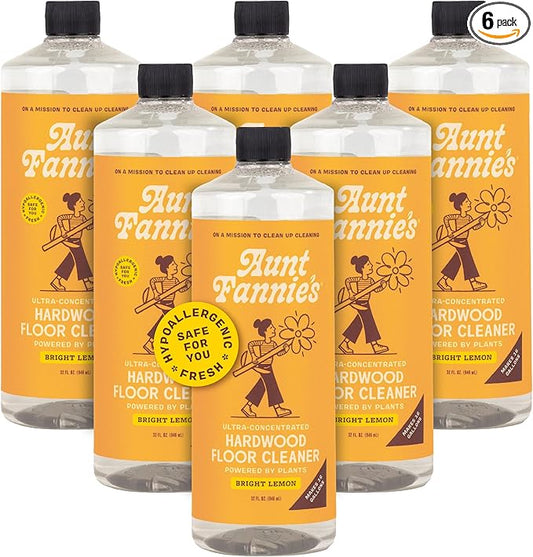 Aunt Fannie's Ultra Concentrated Hardwood Floor Cleaner, Vinegar-Free Plant Based Solution for Mopping, Bright Lemon Scent, 32 oz. (Pack of 6)