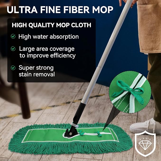 24 Inch Dust Mop Head: Replacement Medium Washable Commercial Mop Head Sweeper and Janitorial Replacement Green (Green - 24 Inch, 3 Pack)