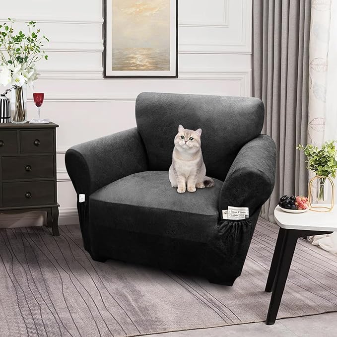 Single Sofa Cover Leather Look Chair Covers for Living Room 1-Piece Sofa Chair Covers with Arms Stretch Furniture Protector with Elastic Bottom & Pockets(Armchair, Dark Grey)