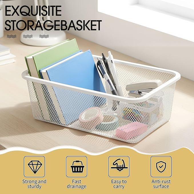 4 Pcs Metal Wire Basket Metal Mesh Basket Pantry Organizers Bin Containers for Home Organizing Cabinet Pantry Closet Kitchen Fridge Fruit Makeup Snacks Gifts(White,Small)