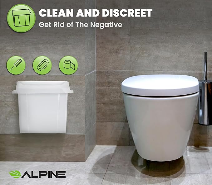 Alpine Sanitary Napkin Receptacle - Feminine Hygiene Disposal Container, Wall Mounted Trash Can with Odor Control Seal & Installation Hardware (White)