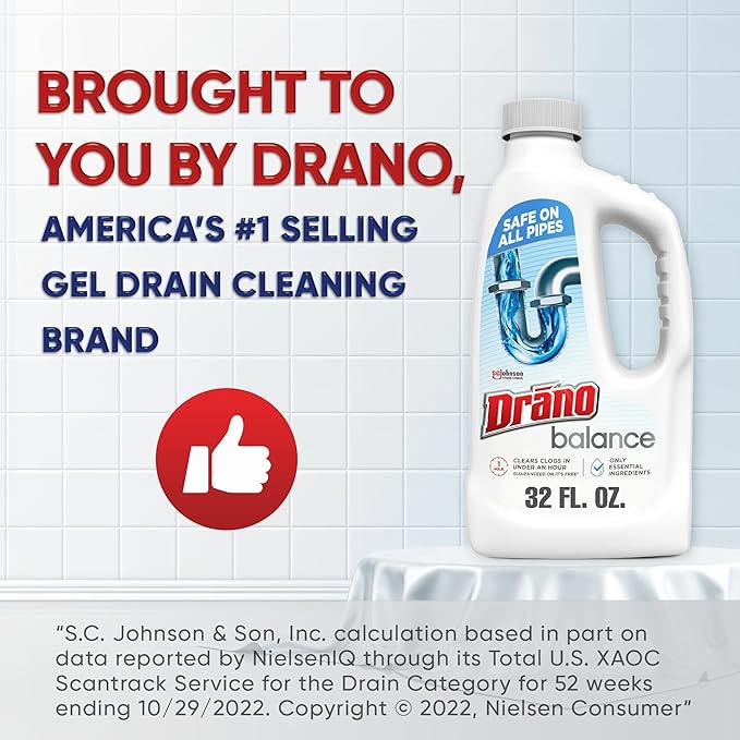 Drano Drain Clog Remover, Non-Corrosive Formula, 32 Fl Oz, Pack of 2 | Safe on All Pipes | Essential Ingredients