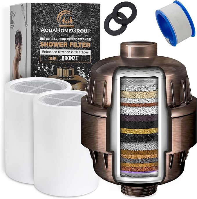AquaHomeGroup 20 Stage Shower Filter with Vitamin C E - High Output Shower Water Filter to Remove Chlorine and Fluoride - 2 Cartridges Included -Consistent Water Flow Showerhead Filter