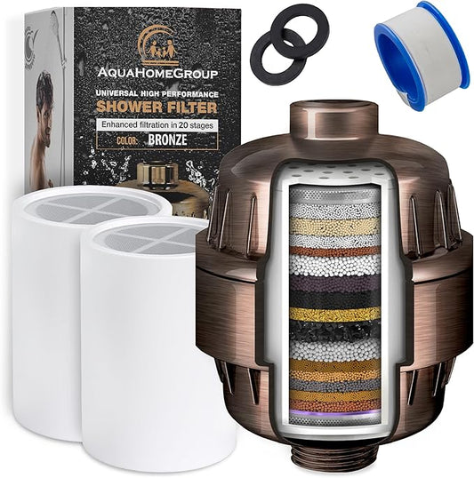AquaHomeGroup 20 Stage Shower Filter with Vitamin C E - High Output Shower Water Filter to Remove Chlorine and Fluoride - 2 Cartridges Included -Consistent Water Flow Showerhead Filter