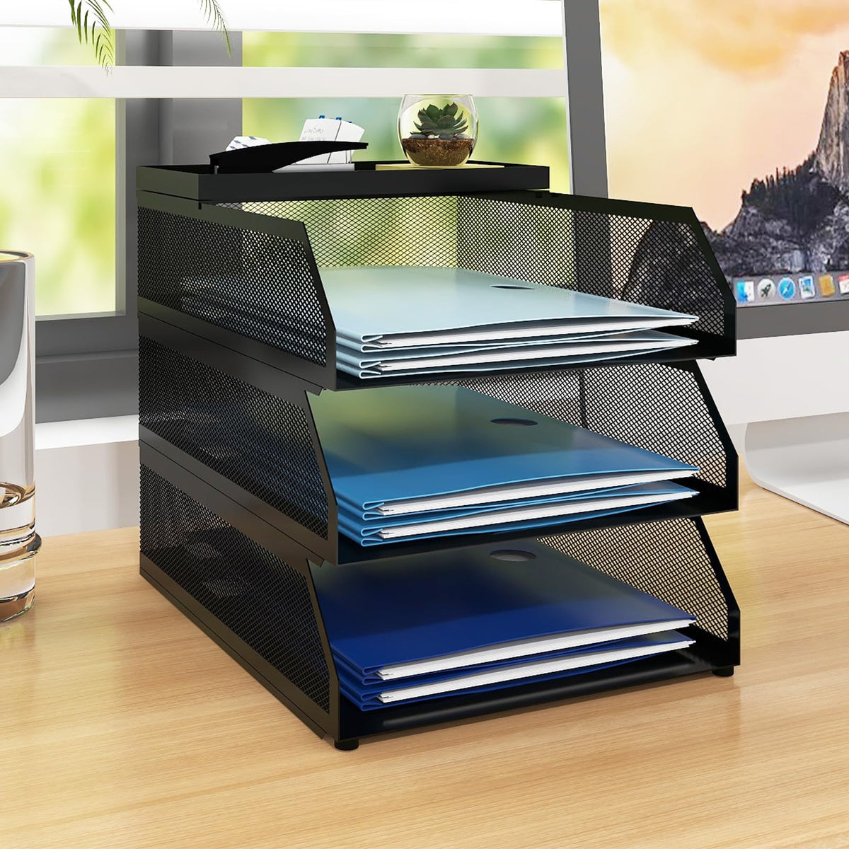 Natwind 3-Tier Stackable Metal Mesh Desk Paper Tray - Image 1