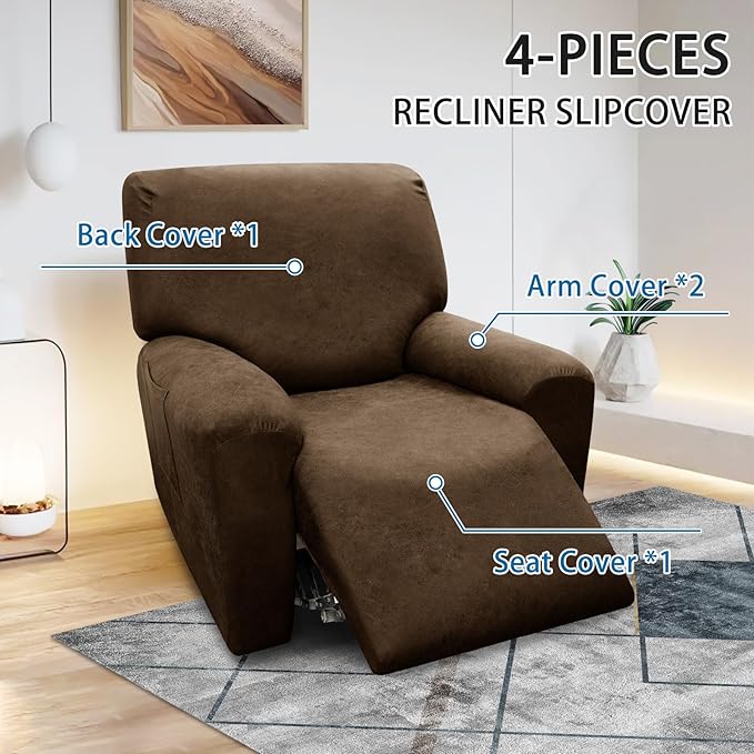 Chair Covers 4-Pieces Recliner Chair Covers 1 Seater Cover for Recliner Chair Leather Look Recliner Slipcovers with Pockets Spandex Fabric Furniture Covers(XL Recliner, Dark Brown)