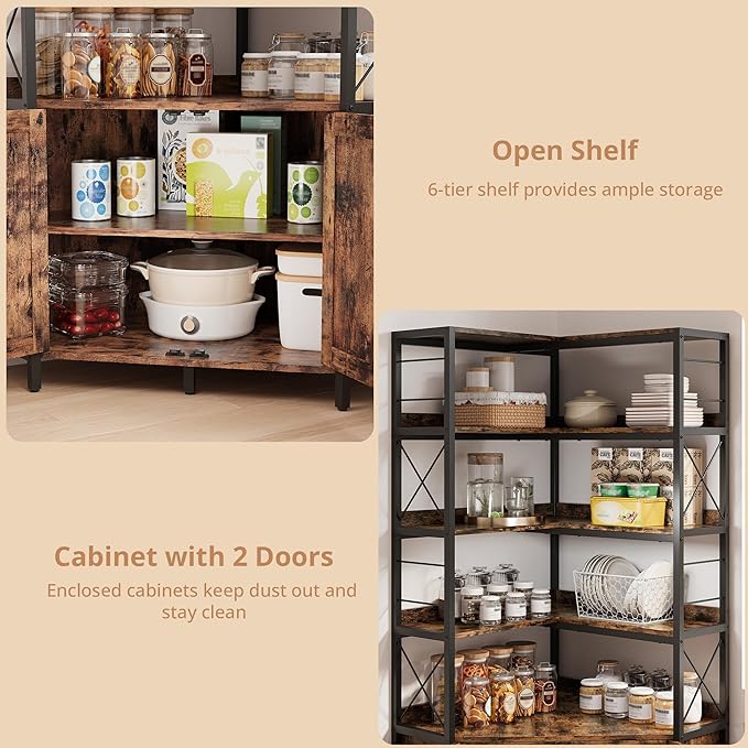 IRONCK Bookshelves 6 Tiers, Corner Bookshelf with Baffles, Bookshelves and Bookcases with Doors, Industrial Display Bookshelf for Living Room, Kitchen