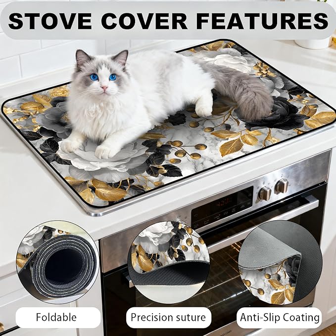 Glass Stove Top Covers for Electric Stove, Heat Resistant Counter Protector Mat, Non Slip Waterproof Surface Cover for Kitchen Counter and Cooktop (Gold Floral, 28"L x 20"W)