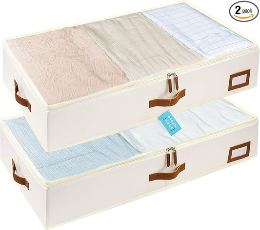 OrganiHaus Under Bed Storage Containers, Bedroom Storage and Organization Bins, Clothes Organizer for Closet with Clear Cover and Reinforced Handles - Set of 2 33x17x6 inches Off-White