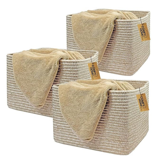 COMFY-HOMI 3Pack Small Woven Cotton Rope Basket for Organizing, Gift Baskets for Handles, Empty Gift Baskets, Medium Rope Basket|13.5" x 11" x 9.5" home decor for Living Room, Bathroom