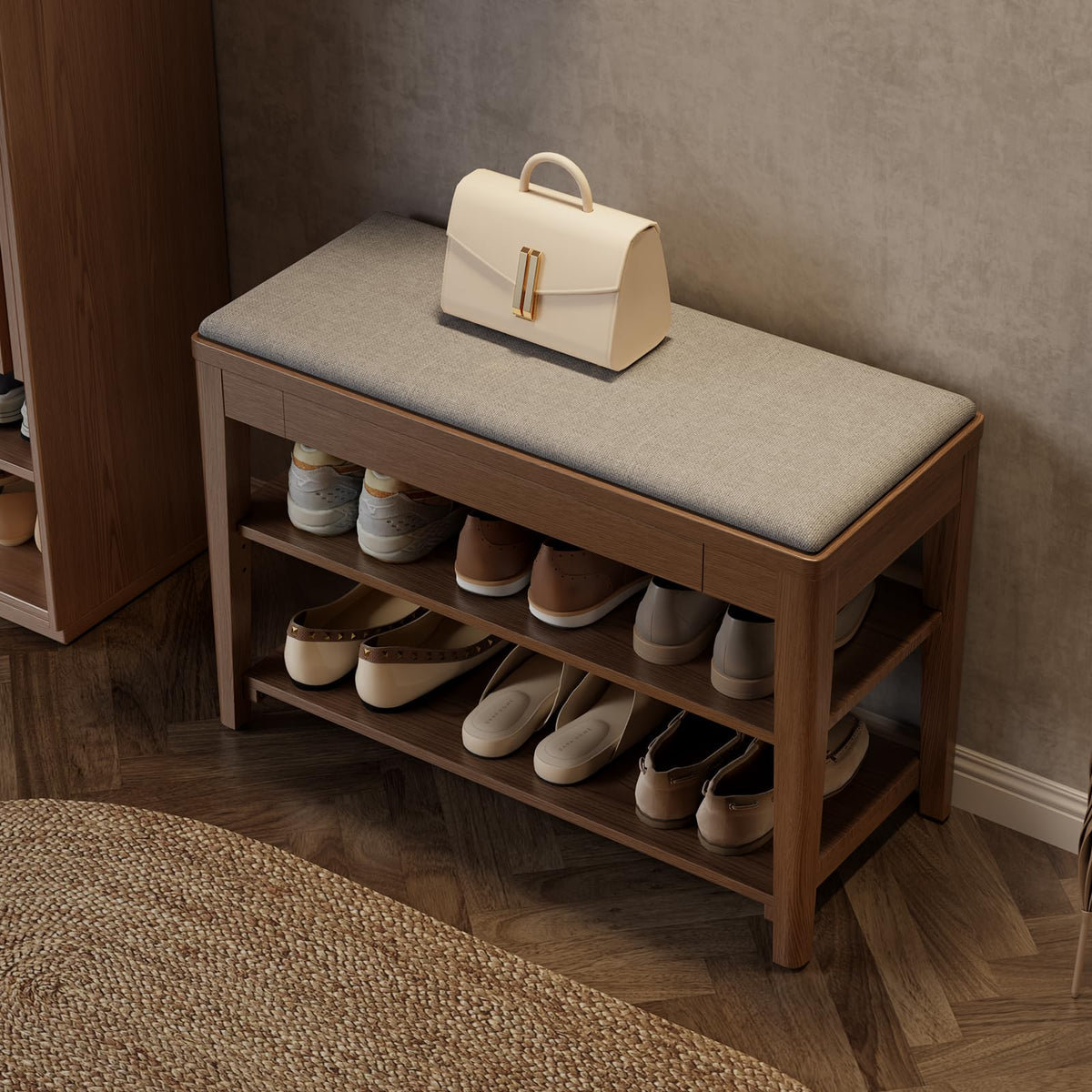 Solid Wood Shoe Bench with Storage, 2-Tier Shoe Storage - Image 1