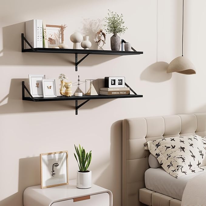 Floating Shelves for Wall,40" Wall Mounted Shelves Set of 2,Long Wood Floating Shelves,Hanging Wide Display & Storage Shelf with Metal Brackets for Bathroom,Bedroom,Kitchen,Living Room,Black