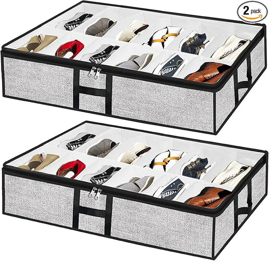 Under Bed Shoe Storage Organizer for Closet 2 Pack- Fits 24 Pairs Underbed Shoes Container Boxes, Light Grey