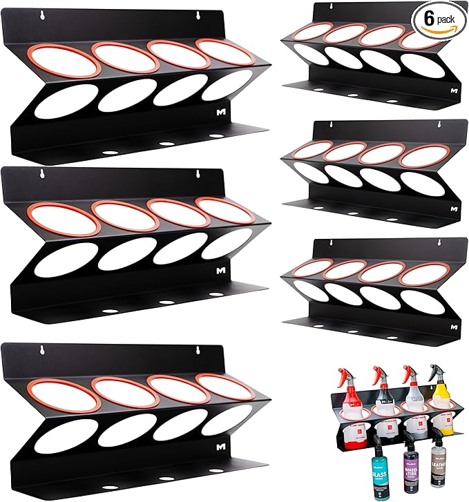 Maxshine Universal Spray Bottle Holder (6-Pack) – Holds 4 IK Trigger Sprayers (34oz Bottles) with 3 Small Holes – Sturdy & Lightweight Wall-Mounted Organizer for Detailing Accessories, Easy to Install