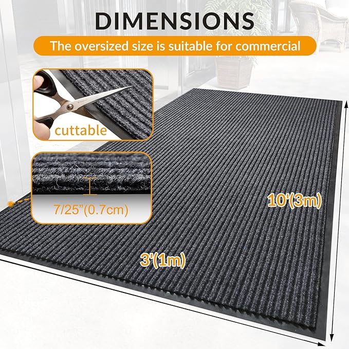 3' x 10' Moisture Guard Doormat, Commercial Grade Door Floor Entrance Mat, Large Outdoor Mat with Rubber Backing, Low Profile Commercial Rugs for Entryway, Easy to Clean(Charcoal Grey)