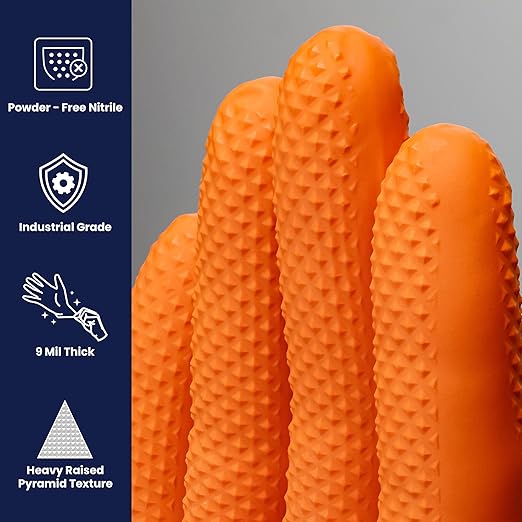 Adenna ProWorks CATCH Disposable Nitrile Gloves – 9 Mil, Heavy Duty Work Rubber Glove with Raised Pyramid Grip, Non–Latex & Powder Free, Case of 900, 2X–Large, Orange