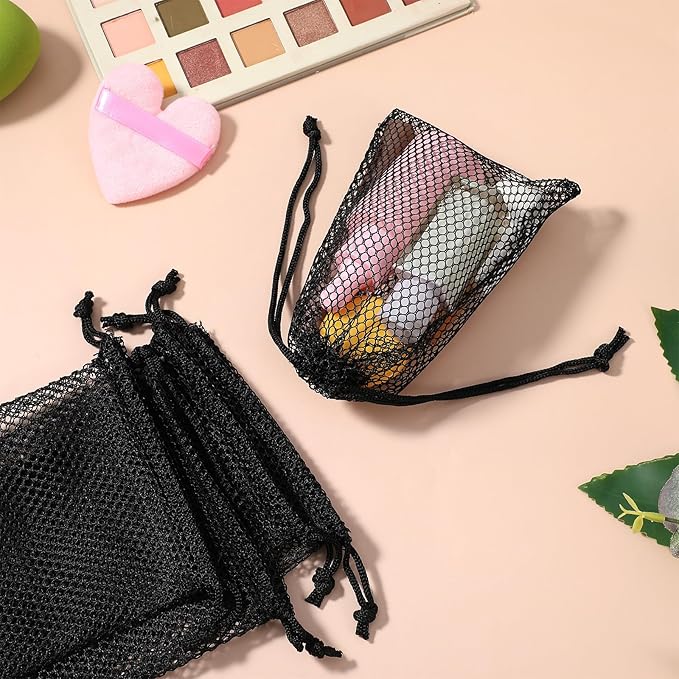 8 Pcs Mesh Bags, Small Mesh Bags Drawstring Rock Collecting Bag Black Drawstring Storage Bag Polyester Net Sack 6 X 4" Mini Net Sack for Traveling Portable Outdoor Activities