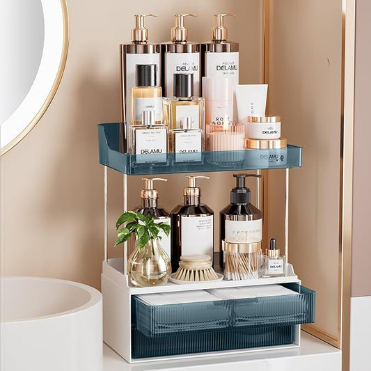 Delamu Bathroom Organizers and Storage, 2 Tier 2 Drawer Makeup Organizer Countertop, Easy to Install, Ideal for Bathroom Counter, Vanity, Ideal for Women Girls, Blue