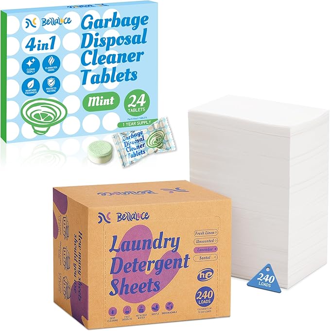 Laundry Detergent Sheets Lavender 240 Loads & Garbage Disposal Cleaner Tablets Mint 24 Pack